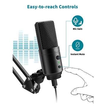 FIFINE USB Desktop PC Microphone with Pop Filter for Computer and Mac, Studio Condenser Mic with Gain Knob Mute Button Headphone Jack for Gaming Streaming Recording YouTube, Extra USB-C Plug-K683A