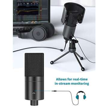 FIFINE USB Desktop PC Microphone with Pop Filter for Computer and Mac, Studio Condenser Mic with Gain Knob Mute Button Headphone Jack for Gaming Streaming Recording YouTube, Extra USB-C Plug-K683A