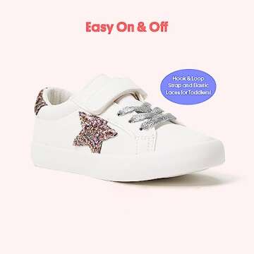FabKids Kids Shoes Girls White Glitter Star Sneakers Low Top Lace Up Tennis Shoes for Toddler T7