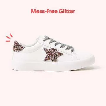 FabKids Kids Shoes Girls White Glitter Star Sneakers Low Top Lace Up Tennis Shoes for Toddler T7