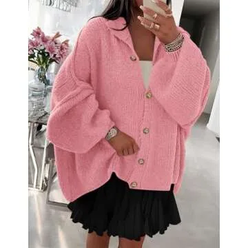 PRETTYGARDEN Women's Winter Button Down Cardigan Sweaters Mock Neck Lantern Long Sleeve Chunky Knit Jacket Trendy Outerwear (Pink,Small)