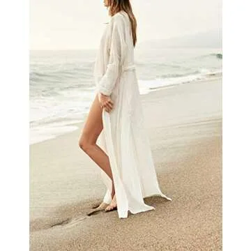Bikini Cover up Beach Swimsuit Cover Ups for Women Cardigan Kimono Night Gown Bathrobe White (8359)