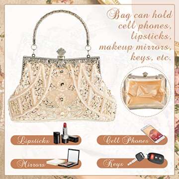 Amylove 1920s Vintage Beaded Clutch Evening Bag Formal 1920s Accessories for Women Wedding Valentine's Day Party(Champagne)