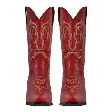 Yolkomo Cowboy Boots for Women Red Cowgirl Boots Square Toe Distressed Western Boots Pointed Toe Low Heel Embroidered Red Cowgirl Boots Comfortable Pull-On Leather Mid-Calf Cowboy Boots Size 6