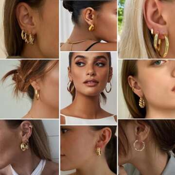 36 Pairs Gold Hoop Earrings Set for Women, Fashion Chunky Gold Hoop Earrings Multipack, Hypoallergenic Pearl Chain Twisted Statement Earring Pack for Birthday Party Jewelry