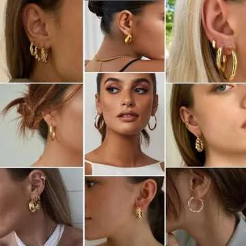 36 Pairs Gold Hoop Earrings Set for Women, Fashion Chunky Gold Hoop Earrings Multipack, Hypoallergenic Pearl Chain Twisted Statement Earring Pack for Birthday Party Jewelry