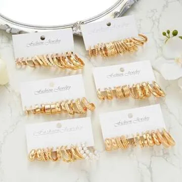 36 Pairs Gold Hoop Earrings Set for Women, Fashion Chunky Gold Hoop Earrings Multipack, Hypoallergenic Pearl Chain Twisted Statement Earring Pack for Birthday Party Jewelry