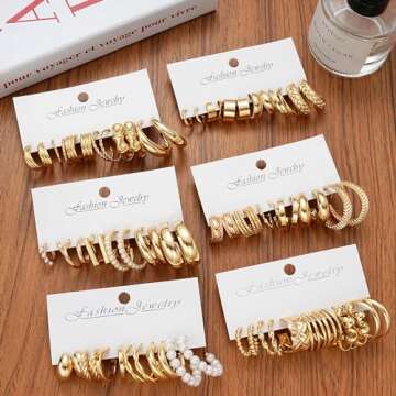 36 Pairs Gold Hoop Earrings Set for Women, Fashion Chunky Gold Hoop Earrings Multipack, Hypoallergenic Pearl Chain Twisted Statement Earring Pack for Birthday Party Jewelry