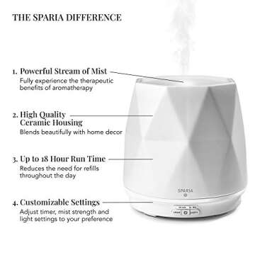Sparia Ceramic Ultrasonic Essential Oil Diffuser for Aromatherapy, Matte White, 300ml, 18 Hour Runtime