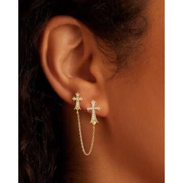 Warshion Gold Cross Earrings for Women 14K Gold Double Piercing Cross Earrings Diamond Stud Earring