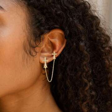 Warshion Gold Cross Earrings for Women 14K Gold Double Piercing Cross Earrings Diamond Stud Earring