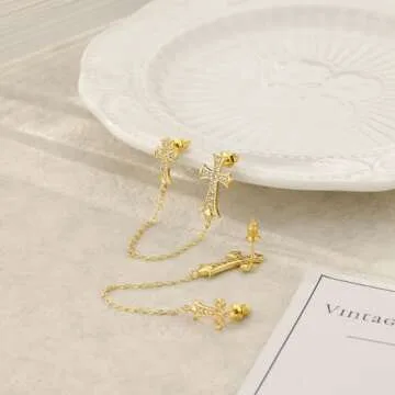 Warshion Gold Cross Earrings for Women 14K Gold Double Piercing Cross Earrings Diamond Stud Earring