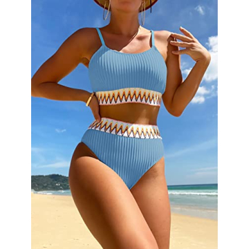 SHENHE Women's Stylish High Waist Bikini Set in Light Blue