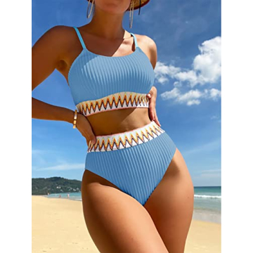 SHENHE Women's Stylish High Waist Bikini Set in Light Blue