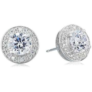 Amazon Essentials womens Sterling Silver Cubic Zirconia Halo Pendant Necklace and Stud Earrings Jewelry Set (previously Amazon Collection)