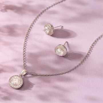 Amazon Essentials womens Sterling Silver Cubic Zirconia Halo Pendant Necklace and Stud Earrings Jewelry Set (previously Amazon Collection)