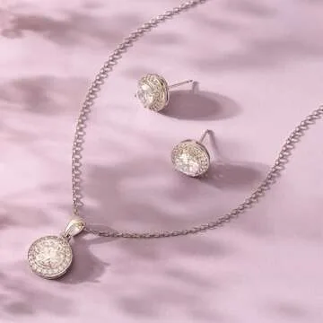 Amazon Essentials womens Sterling Silver Cubic Zirconia Halo Pendant Necklace and Stud Earrings Jewelry Set (previously Amazon Collection)