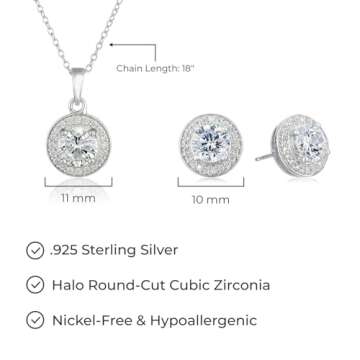 Amazon Essentials womens Sterling Silver Cubic Zirconia Halo Pendant Necklace and Stud Earrings Jewelry Set (previously Amazon Collection)