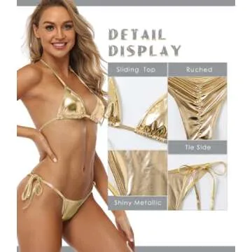 Women's Liquid Metallic Rainbow Bikini Sets Shiny String Padded Triangle 2 Pieces Swimsuit Set