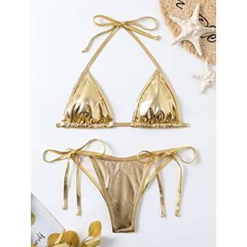 Women's Liquid Metallic Rainbow Bikini Sets Shiny String Padded Triangle 2 Pieces Swimsuit Set