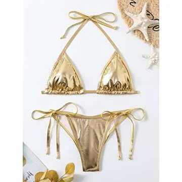 Women's Liquid Metallic Rainbow Bikini Sets Shiny String Padded Triangle 2 Pieces Swimsuit Set