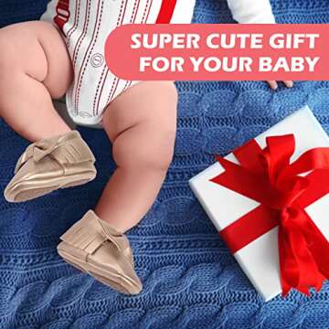 HONGTEYA Baby Moccasins with Rubber Sole - Flower Print PU Leather Tassel Bow Girls Ballet Dress Shoes for Toddler (0-6 Months/US 3.5/4.33''/See Size Chart, Gold)