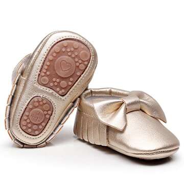 HONGTEYA Baby Moccasins with Rubber Sole - Flower Print PU Leather Tassel Bow Girls Ballet Dress Shoes for Toddler (0-6 Months/US 3.5/4.33''/See Size Chart, Gold)