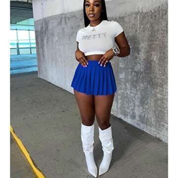 Women's Mini Pleated Skirts Sexy Club Y2k High Wiast Stretchy Tennis Skater A-line Skirt (Blue M)