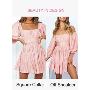 Dokotoo Square Neck Summer Dress for Women Tie Back Long Lantern Sleeve Ruffle A-Line Sexy Dress Casual Mini Dress Pink Large