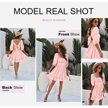 Dokotoo Square Neck Summer Dress for Women Tie Back Long Lantern Sleeve Ruffle A-Line Sexy Dress Casual Mini Dress Pink Large