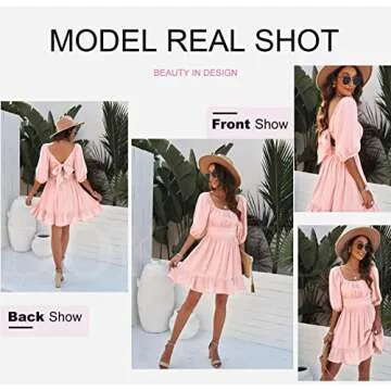Dokotoo Square Neck Summer Dress for Women Tie Back Long Lantern Sleeve Ruffle A-Line Sexy Dress Casual Mini Dress Pink Large