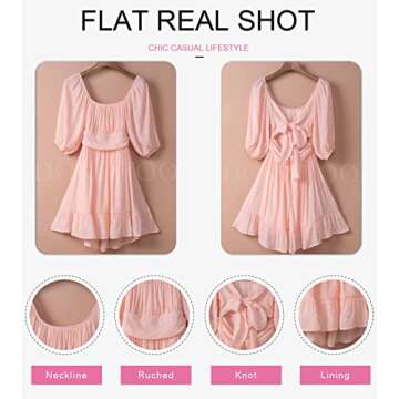 Dokotoo Square Neck Summer Dress for Women Tie Back Long Lantern Sleeve Ruffle A-Line Sexy Dress Casual Mini Dress Pink Large
