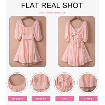 Dokotoo Square Neck Summer Dress for Women Tie Back Long Lantern Sleeve Ruffle A-Line Sexy Dress Casual Mini Dress Pink Large
