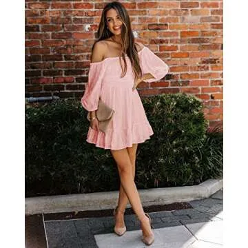 Dokotoo Square Neck Summer Dress for Women Tie Back Long Lantern Sleeve Ruffle A-Line Sexy Dress Casual Mini Dress Pink Large
