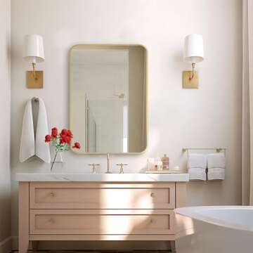 18"x24" Gold Bathroom Mirror for Wall, Small Rectangle Mirror with Rounded Corners - Bathroom Mirrors for Over Sink, Modern Vanity Mirror Hangs Horizontal or Vertical for Living Room, Bedroom