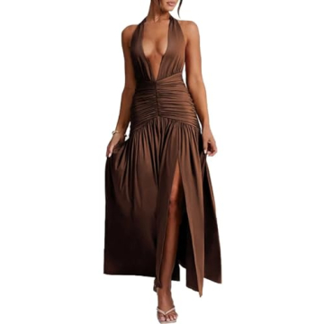 Ekaliy Women's Sexy Halter Deep V Neck Maxi Dress with High Slit and Backless Design
