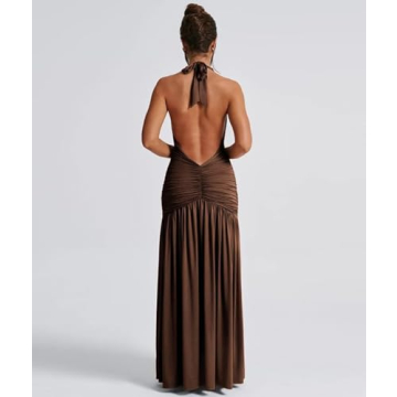 Ekaliy Sexy Halter Deep V Neck Maxi Dress for Cocktail Events