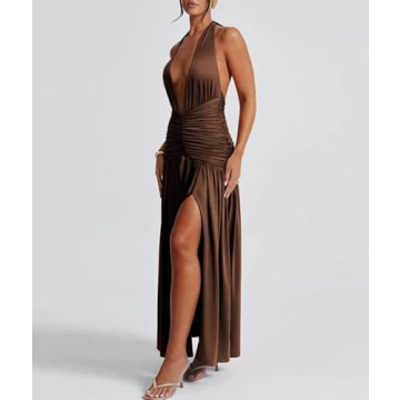 Ekaliy Sexy Halter Deep V Neck Maxi Dress for Cocktail Events
