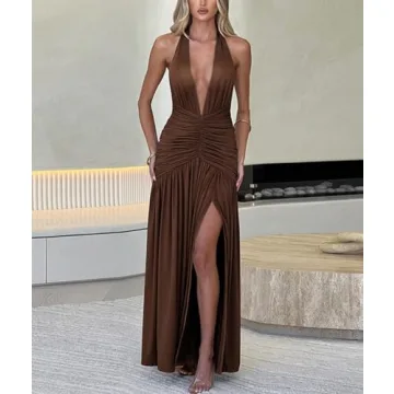 Ekaliy Sexy Halter Deep V Neck Maxi Dress for Cocktail Events