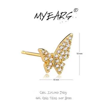 MYEARS Women Butterfly Earrings Gold Stud Cubic Zirconia 14K Gold Plated Small Simple Hypoallergenic Everyday Jewelry 5