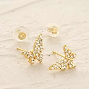 MYEARS Women Butterfly Earrings Gold Stud Cubic Zirconia 14K Gold Plated Small Simple Hypoallergenic Everyday Jewelry 5