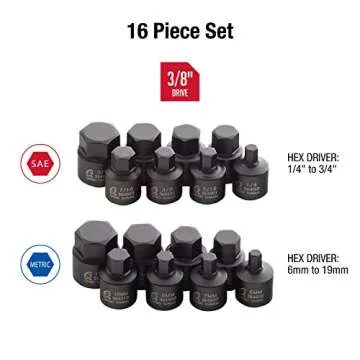 Sunex 3646, 3/8 Inch Drive Low Profile Impact Hex Driver Set, 16-Piece, SAE/Metric, 1/4 Inch - 3/4 Inch, 6mm - 19mm, Cr-Mo Steel, Dual Size Markings, Heavy Duty Storage Case, Meets ANSI Standards