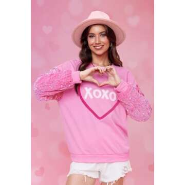 For G and PL Women's Valentine's Day Sequin Fleece Sparkle Cute Tops Pink Graphic Love Sweatshirts H...
