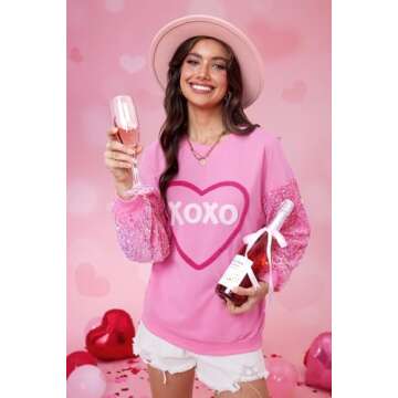 For G and PL Women's Valentine's Day Sequin Fleece Sparkle Cute Tops Pink Graphic Love Sweatshirts Heart S