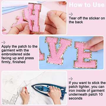 52 Pcs Self Adhesive Chenille Letter Patches Glitter Letter Patches Stoney Clover Dupes Patches Embroidery Patch English Letter A-Z Initial Patches for Clothing DIY Bags Hat Phone, Pink