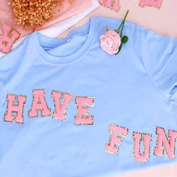 52 Pcs Self Adhesive Chenille Letter Patches Glitter Letter Patches Stoney Clover Dupes Patches Embroidery Patch English Letter A-Z Initial Patches for Clothing DIY Bags Hat Phone, Pink