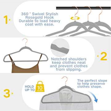 Premium Velvet Hangers Gray- Rose Gold Swivel Hooks -Non Slip Sturdy Suit Hangers- Felt Hangers-Space Saving Clothes Hangers 50 Pack for Skirts Coats(Gray/Rosegold, 50 Pack)
