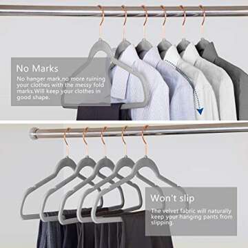 Premium Velvet Hangers Gray- Rose Gold Swivel Hooks -Non Slip Sturdy Suit Hangers- Felt Hangers-Space Saving Clothes Hangers 50 Pack for Skirts Coats(Gray/Rosegold, 50 Pack)