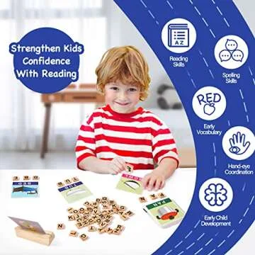 Diaodey Wooden Reading Blocks Learning Spelling Games, Montessori Sight Words Flash Cards Kindergarten Classroom Alphabet and Number Puzzle for Toddler, Preschool Toy for 3 4 5+ Year