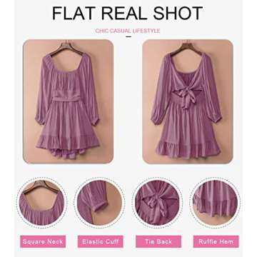 Dokotoo Women's Off The Shoulder Dress Square Neck Tie Backless Spring Dress Lantern Long Sleeve Dress Ruffle A-Line Mini Dress Shirred Elastic Waist Casual Summer Dresses XX-Large Purple